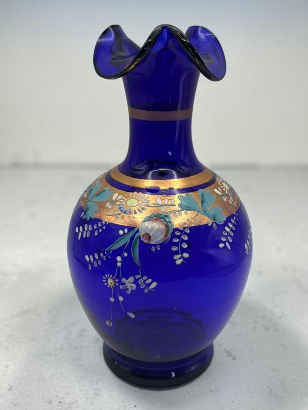 Title: Vintage Czech Bohemian Cobalt Blue Art Glass Vase Gold Enamel Flowers